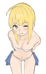  1girl ahoge arms_behind_back artoria_pendragon_(fate) bikini blonde_hair blush breasts cowboy_shot fate/stay_night fate_(series) green_eyes highres leaning_forward looking_at_viewer navel one_eye_closed parted_lips saber sidelocks simple_background sketch small_breasts smile solo swimsuit tenoo12 white_background white_bikini 