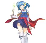  1girl absurdres ahoge blue_eyes blue_hair cape crescent crescent_hair_ornament hair_ornament highres kagami_moshi pointy_ears red_cape rena_lanford short_hair simple_background skirt smile solo star_ocean star_ocean_the_second_story thighhighs white_background 