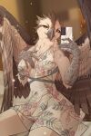  anthro avian beak biped bird breasts cellphone clothed clothing dress feathered_wings feathers female hand_on_breast hi_res looking_at_viewer lynjox phone selfie smartphone solo talons wings 