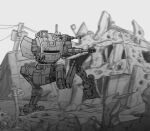  absurdres cannon greyscale highres mecha monochrome motion_blur mymyc no_humans original power_lines robot running science_fiction solo walker wreckage 