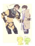  2boys animification apex_legends belt black_belt black_gloves black_hair blue_pants blush bodysuit brown_hair brown_jacket chibi chibi_inset chinese_text collared_shirt crypto_(apex_legends) facial_hair fingerless_gloves four_have. gloves goatee green_scarf hand_on_own_hip highres holographic_monitor inconspicuous_crypto jacket looking_ahead looking_at_viewer male_focus mirage_(apex_legends) multiple_boys official_alternate_costume pants scarf shirt surprised translation_request white_shirt yellow_bodysuit 