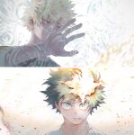  2boys bakugou_katsuki bare_shoulders blonde_hair blood blood_on_face blurry blurry_foreground boku_no_hero_academia bright_pupils chinese_commentary closed_mouth dried_blood film_grain freckles green_eyes green_hair hair_between_eyes hand_up highres looking_ahead looking_at_viewer male_focus midoriya_izuku multiple_boys open_hand outstretched_hand parted_lips portrait red_eyes rika_(rika_ktdk) sanpaku shirt short_hair sleeveless spiked_hair split_screen straight-on tank_top v-shaped_eyebrows weibo_logo weibo_username white_background white_pupils 