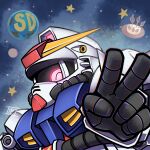  ^_^ cake closed_eyes food glowing glowing_eye gundam hibiki0218 highres mecha mobile_suit nise_gundam one-eyed planet portrait red_eyes robot science_fiction sd_command_chronicles sd_gundam solo space star_(sky) v v-fin 