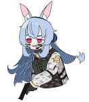  1girl animal_ear_fluff animal_ears arctic_camouflage black_gloves blue_hair buck_teeth camouflage camouflage_jacket cropped_torso facepaint gloves gun handgun headset holding holding_gun holding_weapon indie_virtual_youtuber jacket load_bearing_vest long_hair long_sleeves nanobites open_mouth patch rabbit_ears red_eyes shoulder_patch simple_background solo teeth trigger_discipline upper_body upper_teeth_only virtual_youtuber weapon white_background white_jacket 