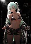  1girl :d absurdres aqua_hair backlighting bare_shoulders belt belt_buckle bikini bikini_top_only black_bikini black_shorts breasts buckle cleavage collarbone commentary cowboy_shot eyebrows_hidden_by_hair gibun_(sozoshu) green_eyes green_nails hatsune_miku highres holding holding_microphone_stand indoors light_particles long_hair long_sleeves looking_at_viewer medium_breasts microphone_stand nail_polish open_mouth revision short_shorts shorts shure_55sh smile solo swimsuit thighs twintails v very_long_hair vocaloid 