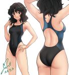 1girl adjusting_hair amagami arms_up ass back back_cutout black_hair black_one-piece_swimsuit blue_one-piece_swimsuit breasts clenched_teeth clothing_cutout collarbone commission competition_swimsuit curly_hair dated from_behind grey_eyes hand_on_own_hip highleg highleg_swimsuit highres looking_at_viewer medium_hair messy_hair multicolored_clothes multicolored_swimsuit multiple_views navel one-piece_swimsuit pixiv_commission sideboob signature simple_background small_breasts standing swimsuit tanamachi_kaoru teeth thighs wavy_hair white_background yoo_tenchi 