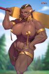  2023 abs absurd_res beauty_mark biceps big_breasts big_muscles breasts brown_body brown_eyes brown_skin clothed clothing club_(weapon) deltoids elf female hand_on_hip hi_res humanoid humanoid_pointy_ears looking_at_viewer melee_weapon muscular muscular_female navel not_furry pasties quads skimpy solo standing triceps undercut weapon xia_siren 