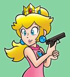  1girl blonde_hair blue_eyes brooch crown doc_shoddy dress earrings green_background gun holding holding_gun holding_weapon jewelry mario_(series) nakaue_shigehisa_(style) pink_dress ponytail princess_peach simple_background sleeveless solo sphere_earrings upper_body weapon weapon_request 