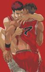  2boys basketball_jersey clothes_lift cowboy_shot earrings highres hug jewelry killuaz1130 looking_at_another male_focus mitsui_hisashi miyagi_ryouta multiple_boys open_mouth red_background red_shorts shirt_grab shirt_lift shoes short_hair shorts simple_background slam_dunk_(series) sweatband tan twitter_username undercut white_footwear yaoi 