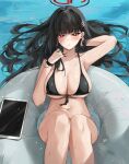  1girl adjusting_hair afloat alternate_costume armpits bikini black_bikini black_hair blue_archive blush bracelet breasts bright_pupils commentary commentary_request dema_hmw floating_hair hair_ornament hair_spread_out hairclip halo hand_in_own_hair highres innertube ipad jewelry large_breasts long_hair looking_at_viewer navel parted_lips red_eyes rio_(blue_archive) sideboob solo stomach swimsuit tablet_pc underboob very_long_hair water wet white_pupils 