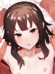  1girl arms_up bed_sheet blush breasts brown_hair close-up collarbone from_above furisuku highres kono_subarashii_sekai_ni_bakuen_wo! looking_at_viewer lying megumin nipples no_bra on_back open_pajamas pajamas parted_lips pink_pajamas raised_eyebrows red_eyes short_hair short_hair_with_long_locks sidelocks small_breasts solo upper_body 