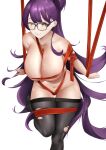  1girl absurdres blush bound breasts collarbone ether_(nikke) glasses goddess_of_victory:_nikke highres large_breasts long_hair looking_at_viewer naked_ribbon navel nearly_naked_ribbon purple_hair red_ribbon ribbon ryuvie smile solo sweat teeth torn_clothes very_long_hair 