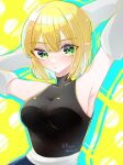  1girl absurdres arm_warmers armpits black_shirt blonde_hair blue_background blush breasts closed_mouth commentary earrings expressionless green_eyes hair_between_eyes highres impossible_clothes impossible_shirt jewelry looking_at_viewer medium_bangs medium_breasts minase_melon5 mizuhashi_parsee one-hour_drawing_challenge pointy_ears shirt short_hair single_earring sleeveless sleeveless_shirt solo touhou twitter_username upper_body yellow_background 
