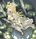  1girl animal_ears arknights bare_shoulders black_footwear black_hairband blonde_hair braid closed_eyes commentary_request dress facing_up flower hair_flower hair_ornament hairband highres holding holding_sword holding_weapon horn_(arknights) horn_(to_effloresce_whitely)_(arknights) jewelry n4gare_b0shi necklace sandals solo standing sword tail water weapon white_dress white_flower wolf_ears wolf_girl wolf_tail 