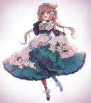  1girl :d absurdres apron aqua_bow aqua_bowtie aqua_dress aqua_eyes artist_name black_footwear blush bow bowtie breasts brown_hair clothes_lift dress dress_lift eli_conifer eli_conifer_(1st_costume) flower frilled_dress frilled_sleeves frills full_body goshi-san hair_ribbon highres long_hair long_sleeves maid maid_headdress nijisanji open_mouth red_ribbon ribbon small_breasts smile solo swept_bangs teeth twintails upper_teeth_only virtual_youtuber waist_apron white_apron white_background white_flower 