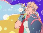  1boy battle_tendency blonde_hair bubble caesar_anthonio_zeppeli character_name commentary_request facial_mark feather_hair_ornament feathers fingerless_gloves gloves green_eyes hair_ornament headband jacket jojo_no_kimyou_na_bouken male_focus mizudama scarf smile soap_bubbles solo triangle_print 