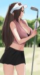  1girl bare_shoulders black_bra black_skirt blurry blurry_background bra breasts brown_eyes brown_hair cleavage commentary_request cowboy_shot fire_emblem fire_emblem_fates gloves golf_club hair_over_one_eye highres holding holding_golf_club huge_breasts kagero_(fire_emblem) large_breasts long_hair midriff miniskirt navel oyatsu_0 partial_commentary partially_unzipped ponytail single_glove skirt sleeveless solo underwear unzipped very_long_hair visor_cap white_gloves zipper 