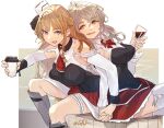  2girls alcohol blonde_hair blush braid breasts coffee_cup corset cup detached_sleeves disposable_cup drinking_glass fang french_braid fuwafuwatoufu grey_hair hair_between_eyes highres holding holding_cup kantai_collection large_breasts long_hair multiple_girls open_mouth pola_(kancolle) purple_eyes red_skirt rudder_footwear shirt skirt thighhighs white_shirt white_thighhighs wine wine_glass yellow_eyes zara_(kancolle) 