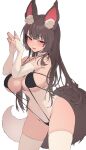  1girl absurdres animal_ears blush bridal_gauntlets brown_eyes brown_hair choker contrapposto corset covered_navel elbow_gloves gloves highres leaning_forward long_hair original parted_lips simple_background skindentation slingshot_swimsuit swimsuit tail thighhighs white_thighhighs zerocat 