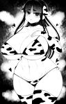  1girl absurdres animal_ears animal_print bikini blush breasts choker cleavage collarbone commentary_request cow_ears cow_print cowboy_shot curvy elbow_gloves gloves greyscale hand_on_own_chest haseru_(ginku_mh) heart heart-shaped_pupils highres huge_breasts long_hair looking_at_viewer mole mole_on_breast mole_on_thigh mole_under_mouth monochrome navel original solo swimsuit symbol-shaped_pupils thighhighs 