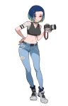  1girl armband belt black_belt black_choker blue_hair brown_eyes camera choker commentary denim grey_footwear grin hand_on_own_hip highres holding holding_camera jason_kim jeans leaning navel off-shoulder_shirt off_shoulder pants perrin_(pokemon) pokemon pokemon_(game) pokemon_sv ribbed_vest shirt shoes short_hair smile solo standing teeth vest 