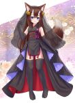  1girl absurdres animal_ear_fluff animal_ears bare_shoulders bell black_footwear black_gloves black_kimono black_thighhighs blue_eyes blush brown_hair closed_mouth elbow_gloves fox_ears fox_girl fox_tail full_body gloves hair_bell hair_between_eyes hair_ornament highres horns iroha_(iroha_matsurika) japanese_clothes jingle_bell kimono long_hair obi original pigeon-toed sash see-through sleeveless sleeveless_kimono smile solo standing tabi tail thighhighs veil very_long_hair zouri 