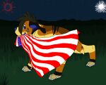  2010 4th_of_july aliasing ambiguous_gender black_body black_fur blue_(bluekyokitty) blue_eyes blue_nose bluekyokitty brown_body brown_fur canid canine canis claws detailed_background digital_drawing_(artwork) digital_media_(artwork) digitigrade domestic_dog eyebrows feral fireworks flag flag_(object) flag_in_mouth flat_colors fur grass grey_sclera head_tuft herding_dog holding_flag holding_object looking_at_viewer looking_back looking_back_at_viewer mammal night object_in_mouth outside pastoral_dog pawpads plant sebdoggo sky smile solo standing star starry_sky stars_and_stripes tail tan_body tan_fur tuft united_states_of_america welsh_corgi white_claws white_pawpads yellow_body yellow_fur 