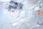  1boy air_bubble bai_liu black_hair bubble fish highres i_became_a_god_in_a_horror_game koi looking_down male_focus profile shirt short_hair solo underwater white_shirt x-yukiiiii 