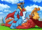  absurd_res anthro anthro_on_anthro blue_body blue_feathers bodily_fluids bushiroad cum dragon drum_bunker_dragon duo feathers future_card_buddyfight genital_fluids hi_res male male/male on_top on_top_of orange_body orange_skin pandarita qinus_axia 