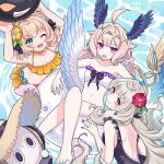  3girls :p ;d ahoge bikini black_one-piece_swimsuit blonde_hair blue_eyes blue_wings commentary english_commentary enna_alouette ethyria feathered_wings flower frilled_bikini frills gradient_hair grey_hair hair_flower hair_ornament head_wings long_hair low_twintails low_wings millie_parfait multicolored_hair multiple_girls nightcat nijisanji nijisanji_en one-piece_swimsuit one_eye_closed pink_eyes pink_nails purple_eyes reimu_endou short_hair smile swimsuit tongue tongue_out twintails very_long_hair virtual_youtuber white_bikini white_wings wings yellow_bikini yellow_flower 