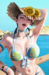  1girl adapted_costume against_railing alternate_hairstyle armlet armpits bikini black_hair blue_bikini blue_eyes booger_wang breasts chun-li cleavage collarbone commentary_request day flower front-tie_bikini_top front-tie_top hat hat_flower highres horizon large_breasts lipgloss looking_at_viewer low_twintails multi-strapped_bikini multi-strapped_bikini_bottom navel ocean open_mouth pink_lips print_bikini railing short_hair solo straw_hat street_fighter street_fighter_v sun_hat sunflower swimsuit tan teeth toned twintails underboob upper_teeth_only 
