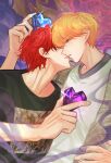  2boys bishounen blonde_hair blue_gemstone cha_eugene debwi_mos_hamyeon_jugneun_byeong_geollim face-to-face fangs gem glint heart highres imminent_kiss jiangyoubottle male_focus multiple_boys open_mouth park_moondae purple_gemstone red_hair shirt short_hair t-shirt yaoi 