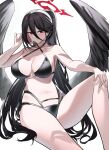  1girl absurdres angel_wings bare_arms bare_legs bare_shoulders bikini black_bikini black_hair black_wings blue_archive blush breasts cleavage closed_mouth collarbone criss-cross_halter elinnasky feathered_wings hair_between_eyes hairband halo halterneck hasumi_(blue_archive) highleg highres large_breasts long_hair looking_at_viewer low_wings navel red_eyes simple_background sitting smile solo stomach swimsuit thighs very_long_hair white_background wings 