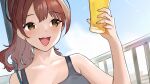 1girl alcohol arm_up bare_arms bare_shoulders beer beer_glass black_tank_top blue_sky blush bra_strap breasts brown_hair cloud cloudy_sky cup doushimasho holding holding_cup long_hair open_mouth original outdoors ponytail railing sky sleeveless tank_top teeth upper_teeth_only yellow_eyes 