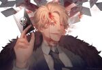  1boy black_necktie black_suit blonde_hair blood blood_on_face bow_(tanaka_1001) card cigarette coat coat_on_shoulders donquixote_rocinante formal fur_coat heart highres holding holding_card joker_(card) long_sleeves looking_at_viewer makeup male_focus necktie one_piece playing_card red_eyes shirt short_hair signature simple_background smile smoke smoking solo suit upper_body white_background white_shirt 