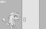  anthro avian beanie bird clothing dairy_products door female food grey_background hair hat headgear headwear helluva_boss hi_res long_hair octavia_(helluva_boss) owl owl_demon prank simple_background smile smirk solo standing star teathekook teenager text whipped_cream white_text young 