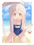  1girl :d ahoge artist_name bare_arms bare_legs bare_shoulders barefoot beach beach_umbrella blue_one-piece_swimsuit blue_sky border breasts brown_eyes cloud commentary crab day hair_between_eyes kneeling light_blush long_hair looking_at_viewer name_tag one-piece_swimsuit onii-chan_wa_oshimai! open_mouth outdoors oyama_mahiro sand school_swimsuit sky small_breasts smile solo strap_slip swimsuit twitter_username umbrella very_long_hair water water_drop wet white_border yama_h15 
