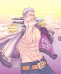  1boy abs bara bare_pectorals birthday bncx69 cigar coat coat_on_shoulders cowboy_shot denim facial_hair goatee happy_birthday highres jeans large_pectorals long_sideburns looking_to_the_side male_focus mature_male muscular muscular_male one_piece pants pectorals short_hair sideburns smoker_(one_piece) smoking solo stomach stubble veins veiny_arms 