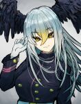  1girl absurdres adeshi_(adeshi0693119) bald_eagle_(kemono_friends) belt bird_girl bird_wings black_wings blonde_hair feathered_wings gloves grey_hair head_wings highres jacket kemono_friends long_hair looking_at_viewer multicolored_hair simple_background solo two-tone_hair upper_body wings yellow_eyes 