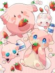  :d animal_focus audino blue_eyes bottle chansey colored_skin commentary_request eating flower food fruit hanabusaoekaki highres jigglypuff milk_bottle milk_carton no_humans pink_background pink_skin pokemon pokemon_(creature) red_eyes smile solid_oval_eyes strawberry striped striped_background swirlix tongue tongue_out upside-down white_background white_flower 