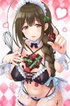  1girl ahoge argyle argyle_background blush bra braid breasts brown_eyes brown_hair candy chocolate cleavage collarbone covered_nipples detached_collar dot_nose earrings food food_on_body fruit heart heart-shaped_chocolate highres holding holding_chocolate holding_food holding_whisk idolmaster idolmaster_shiny_colors jewelry kuwayama_chiyuki large_breasts long_hair looking_at_viewer maid_headdress multiple_straps navel panties parted_lips pink_nails ribbon scrunchie smile solo standing stomach strawberry sweatdrop thigh_strap underwear urabi_(tomatohouse) whisk wrist_cuffs 