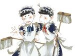  2boys alternate_costume apron black_dress black_hair blue_ribbon blush bow brothers crossdressing dress enmaided freckles frilled_apron frills grey_eyes grimace holding holding_mop living_(nsiring) lower_teeth_only maid maid_headdress male_focus matsuno_karamatsu matsuno_osomatsu mop multiple_boys open_mouth osomatsu-san red_ribbon ribbon short_hair siblings sweat teeth waist_bow white_apron white_background 