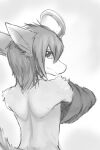  2:3 anthro clothing dragon fur furred_dragon glistening glistening_eyes half-length_portrait hi_res kuttoyaki male monochrome mouth_closed narrowed_eyes portrait rear_view shoulder_tuft simple_background solo tuft undressing 