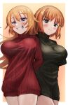  2girls blue_eyes blush brave_witches breasts charlotte_e._yeager closed_mouth green_eyes green_sweater grin gundula_rall highres large_breasts long_hair looking_at_viewer multiple_girls orange_hair red_sweater short_hair simple_background smile strike_witches sweater tama_kitsune world_witches_series 