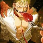  3boys abs animal_collar black_pants collar collared_shirt feeding food fork fruit glasses green_hair holding holding_fork leash male_focus multiple_boys muscular muscular_male navel one_piece open_mouth pants roronoa_zoro runa_(nori31291404) sanji_(one_piece) shirt short_hair solo_focus strawberry tongue tongue_out white_shirt yaoi 