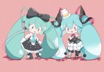  2girls :d absurdly_long_hair asymmetrical_legwear black_bow black_eyes black_skirt black_thighhighs blue_hair blue_necktie blush_stickers bow bowtie chibi collared_shirt commentary dual_persona frilled_skirt frills green_hair hair_between_eyes hair_bow hair_ornament hat hatsune_miku headphones long_hair magical_mirai_(vocaloid) magical_mirai_miku magical_mirai_miku_(2016) magical_mirai_miku_(2019) mini_hat mini_top_hat multiple_girls necktie number_tattoo open_mouth own_hands_together pink_background raised_eyebrows red_bow red_bowtie romaji_commentary shadow shirt sidelocks simple_background skirt sleeveless sleeveless_shirt smile solid_eyes striped striped_thighhighs sunfish3939 tattoo thighhighs top_hat traditional_bowtie twintails very_long_hair vocaloid white_headwear white_shirt white_skirt 