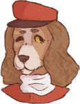  anna_(nq) anthro bust_portrait canid canine canis clothed clothing domestic_dog from_felidae hat headgear headwear looking_at_viewer mammal nan_quest one_eye_closed portrait simple_background solo white_background wink yellow_sclera 