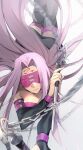  1girl blindfold chain facial_mark fate/stay_night fate_(series) forehead forehead_mark highres long_hair medusa_(fate) medusa_(rider)_(fate) nameless_dagger_(fate) no-kan purple_hair simple_background solo very_long_hair white_background 