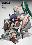  2girls absurdres alternate_costume arknights arm_tattoo arm_warmers barcode bare_shoulders black_bra black_jacket black_undershirt blue_hair bra breasts brown_thighhighs ch&#039;en_(arknights) cleavage closed_mouth commentary_request copyright_name dragon_girl dragon_horns dress english_text expressionless full_body green_hair grey_background hachisan high_heels highres horns hoshiguma_(arknights) jacket knee_up leg_tattoo long_hair long_sleeves looking_at_viewer midriff multiple_girls navel open_clothes open_jacket plunging_neckline red_eyes shoes single_horn sitting skin-covered_horns sleeveless sleeveless_dress sneakers socks socks_over_thighhighs stool tattoo thigh_strap thighhighs torn_clothes torn_thighhighs underwear white_dress white_footwear white_jacket white_socks yellow_eyes 