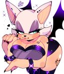  2023 5_fingers anthro bat breasts claws cleavage clothed clothing dianaoreo13 eyeshadow female fingers fur hi_res looking_at_viewer makeup mammal narrowed_eyes rouge_the_bat sega signature simple_background solo sonic_the_hedgehog_(series) tan_body tan_skin tattoo white_body white_fur wings 